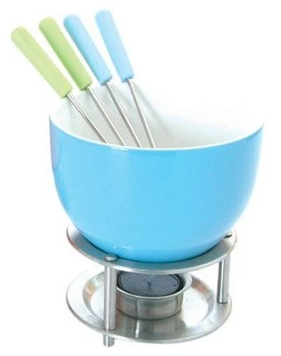 Mastrad Chocolate Fondue Set Blue or Black Floral Designs Dipping Fruit Party