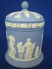 Vintage WEDGWOOD Jasperware White on Blue Lidded Jar