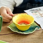 Beddinginn Colorful Tea Cups and Saucers, Sunflower Coffee Cup and Saucer Set with Spoon, China Hand Crafted Tea Set (Yellow)