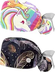 [YTYVAGT] 2-Pc,Nurse Scrub Caps,Scrub Hats with Buttons and Cotton Sweatband,Cute Unicorn with Rainbow Stripes