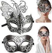 2PCS Masquerade Mask for Couples Metal Masquerade Mask with Inlaid Rhinestone Comfortable Fit Half with Satin Ribbons for Balls and Mardi Gras