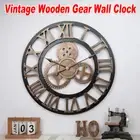 Vintage Wooden Wall Clock Roman Numerals Large Gear Design Home Decor Silent AU
