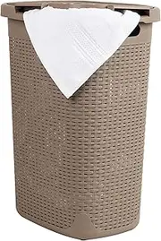 Mind Reader 60L Slim Laundry Hamper, Clothes Basket, Lid, Wicker Design, Plastic, 17.65" L x 13.75" W x 24.15" H, Tan