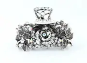 Antique silver finish hair claw clip with multicolor rhinestones