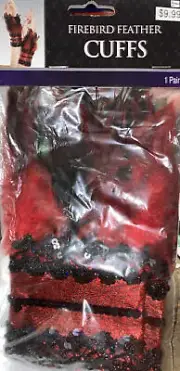 Firebird Feather Wrist Cuffs Red Black Sequin Trim Feather Cuffs