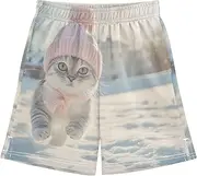 [WOIWB] Boys' Shorts with Pockets-Cute Cat Snowfield, Kid's Athletic Shorts for Sport Home 7-8T