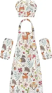 AIXIWAWA Kids Apron Chef Hat Set, Child Kitchen Bib Aprons Adjustable for Cooking Baking Painting (Cute Forest Animals)