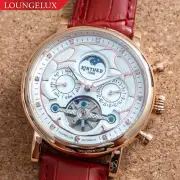 Mens Automatic Mechanical Watch Date Day Rose Gold White Red Leather Strap