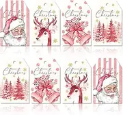 Whaline 120Pcs Pink Christmas Paper Gift Tags Watercolor Forest Elk Bell Santa Tags with Hemp Rope Merry Christmas Holiday Hanging Label Gift Tags for Xmas Winter DIY Gift Party Favor Decor, 4 Designs