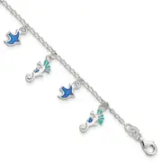 5 Inch Sterling Silver Enameled Seahorse & Birds W/ 1In Ext. Children'S Bracelet