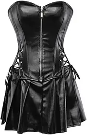[FAWENLI] Fashion Steampunk Leather Corset Dress Sexy Zipper Overbust Corset With Mini Skirt Plus Size Bustier Gorset Li