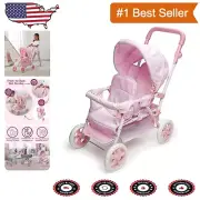 Lightweight Compact Double Doll Stroller with Adjustable Handle & Storage Basket