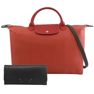 【LONGCHAMP】Le Pliage Cuir 折疊小羊皮短把兩用旅用包.橘(大款/送經典長夾)