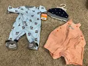 Carter’s Baby Boy Newborn Shark Shorts Overalls, Dog Jumper Size NB & (2) Hats