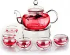 Heat Glass Teapot Set Glass Kettle round Infuser Warmer+6 Double Wall Tea Cups
