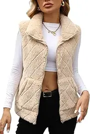 [Ausing] Women Fleece Gilet Sleeveless Lightweight Vest Soft Zipper Gilets Winter Thermal Outdoor Jacket Checkered Fuzzy Tops Lapel Waistcoat with Pocket S-XXL