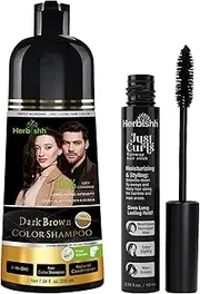 [Herbishh] Permanent Hair Color Combo: Dark Brown Hair Dye Shampoo 3 in 1, Grey Coverage, Ammonia-Free, Demi-Permanent Color for Men & Women, 200ml + Just Curls Flyaway Hair Stick, Frizz Control, 0.34 fl.oz