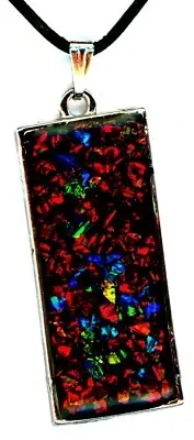 large BLACK OPAL PENDANT, silver framed, red color mosaic Necklace, leather cord