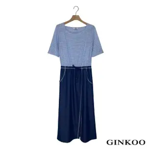 【GINKOO 俊克】條紋牛仔拼接洋裝