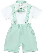 [IBTOM CASTLE] Baby Boy Christening Outfit White Dress Shirt Top+Suspenders Shorts Pants+Bowtie 3pcs Gentleman Tuxedo Wedding Baptism Birthday Party Cake Smash Formal Suit Ring Bearer Clothes Set