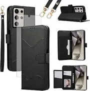 [Asuwish] Mobile Phone Case for Samsung Galaxy S24 Ultra 5G Case with Strap Screen Protector RFID Card Slot Foldable Leather Wallet Stand S24Ultra 24S S 24 24Ultra Mobile Phone Cases Protective Phone