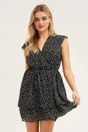 Ditsy Print Flutter Wrap Look Tie Waist Layered Dress - Size XS, Women's Skater Dress
