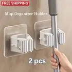 2pcs Wall-Mounted Mop Organizer With Locking Hooks Plastic Broom Holder Storage