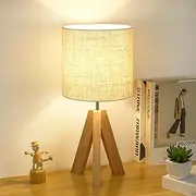 Kinsdan Tripod Table Lamp, Small Cute Bedside Lamp with Linen Beige Lampshade, Nightstand Lamp for Nursery, Bedroom, Kid Room, Living Room, Light Brown Wooden Base, Bulb Included