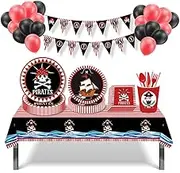 115 PCS Pirate Party Supplies Set, Includes Captain Hat, Pennants and Party Decorations, Black and Red Theme