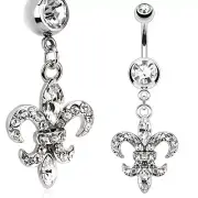 Multi Paved Cubic Zirconia Fleur De Lis Dangle Navel/Belly Ring.