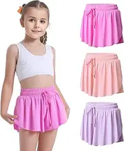 [FreeNFond] 3 Pack Girls Flowy Shorts 2 in 1 Butterfly Skirt Shorts with Pockets for Dance School Wear Running Gym Fitness Sleep