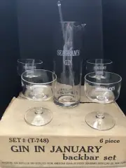 SEAGRAMS "Gin in January" 6 Piece Backbar Set T-748 Pitcher/Glasses/ Stirrer NIB