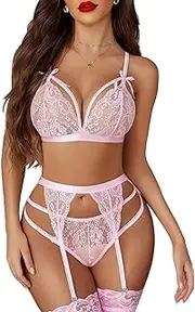 [Avidlove] Women Lingerie Set Lace Teddy Strap Babydoll Bodysuit with Garter Belts