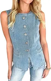 [cffvdiz] Women's Sleeveless Crewneck Slim Button Front Denim Jean Vest Top with Pockets