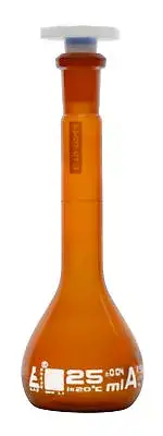 Eisco Labs 25ml Volumetric Flask - Class A - 10/19 Stopper - Amber Color