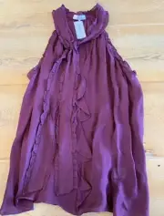 Parker NY Allie Tie Neck Ruffle Top, Blouse, Cordovan (Burgundy), NWT, Size L