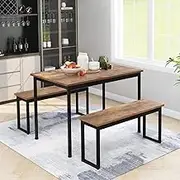 Marble Wood Veneer Dining Table Set with 2 Benches 4 Seats Space Saving Brown Kitchen Dining Set