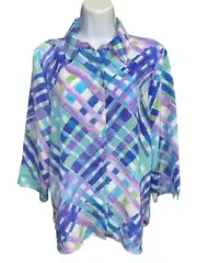 Alfred Dunner Small Top Fab Blue Purple Latice Plaid Button Up Lightweight Crepe