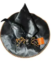 New Spooky Village Witch Hat Black With Spider Feather Glitter Crochet Trim
