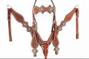 Western Light Brown Set Of Hand Carved Headstall and Breast Collar