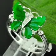 18k Solid White Gold Ladies Natural Grade A Butterfly Jade & Diamond Ring size 6
