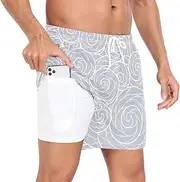 [GuoChe] Swim Shorts for Men Mens 2In1 Running Shorts Waves Line Gorgeous Flowers Gray with Pockets Beachwear Quick Dry