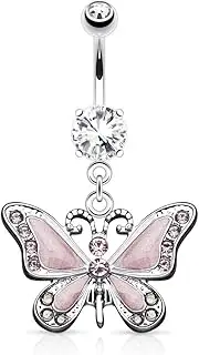 [Pierced Owl] Butterfly with Gems 14G Navel Dangle Belly Button Ring 316L Surgical Steel