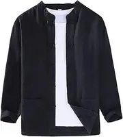 [Aoleaky] Mens Autumn Winter Tang Suit Stand Collar Cotton and Linen Long-Sleeved Shirt Casual Loose Button-Down Shirt