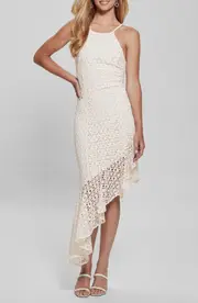GUESS Claudia Floral Stitch Asymmetric Maxi Dress in Dove White at Nordstrom, Size 6