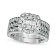 1.0 CT. T.W. Baguette and Round Natural Diamond Cushion Frame Bridal Engagement Ring Set in Solid 14K White Gold