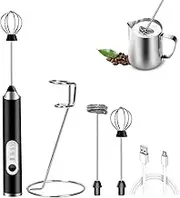 Electric Whisk, Proxima Direct Rechargeable USB Milk Frother Handheld with Stand 3 Gear Adjustable Drink Mixer Milk Foamer with 2 Stainless Steel Whisks for Coffee Latte Cappuccino Hot Chocolate