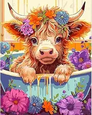 EmptyZ DIY Oil Painting, Paint by Number Kit on Canvas, Bathing Cow, 16 x 20 inch, All Ages, Unisex, Not Foldable