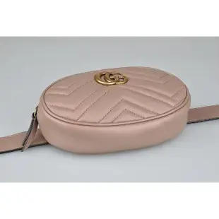 【GUCCI 古馳】GUCCI Marmont雙G LOGO W字紋車線牛皮拉鍊胸腰包(小/裸粉)