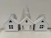 Crate and Barrel Set Of 3 White Ceramic Houses For Tea Lights